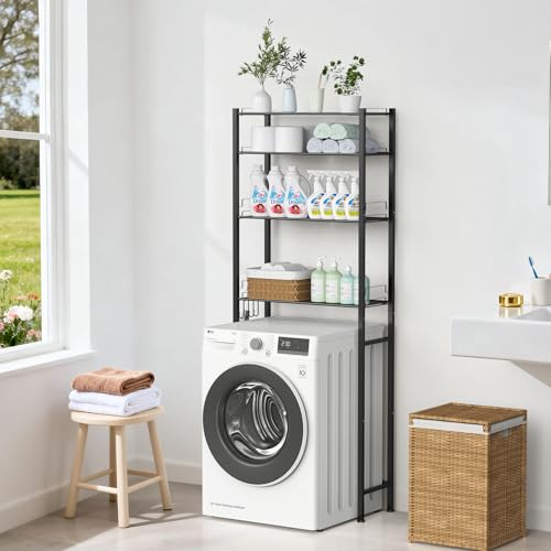 OUTWOLF Waschmaschinenregal Waschmaschinenschrank Überbauschrank ohne Bohren 4 Ebenen Badezimmerregal, Hochkohlenstoffstahl Toilettenregal, Platzsparender Badezimmerträger, Schwarz