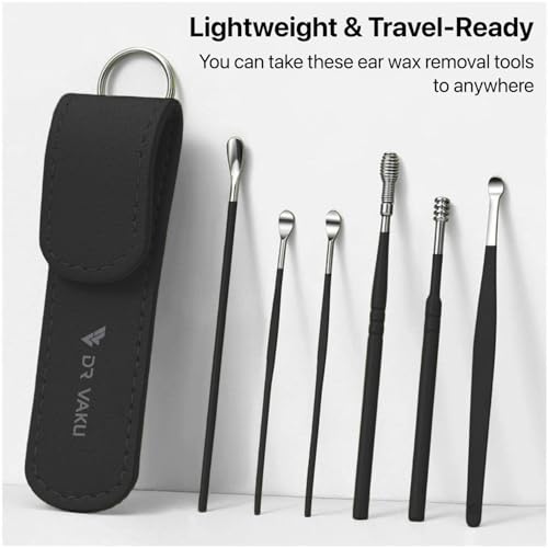 Image of Dr Vaku Reusable EarWax Removal Cleaning Tool Kit (Set of 7) Stainless Steel With Storage Case Ear Pick Scoop Curette Cleaner And Spring Buds Safe Easy & Hygienic- Black
