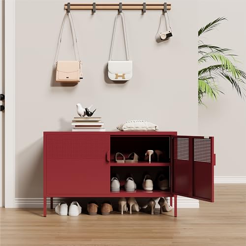 Image of Metal Storage Cabinet,2 Door TV Stand, Metal Mesh Accent Cabinet