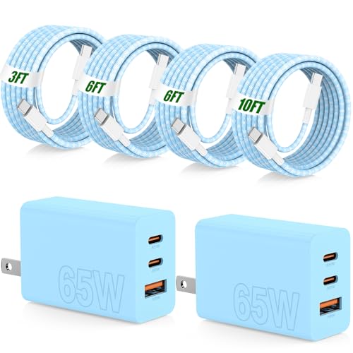 Image of 65W Fast Charging for iPhone Duo 18 17 16 Pro Max,3 Port 100W USB C Charger Block & 3 /6 /6 /10FT Braided Type C Cord for iPhone 17 16 15 Pro,for Samsung S26 Ultra /MacBook Air /iPhone 18 Pro Max-Blue