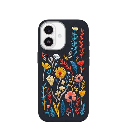 Image of OtterBox iPhone 17 Symmetry Series Cactus Leather Embroidery Case - Enchanted Garden - Blue - Textured, Embroidered Floral Artistic iPhone Case