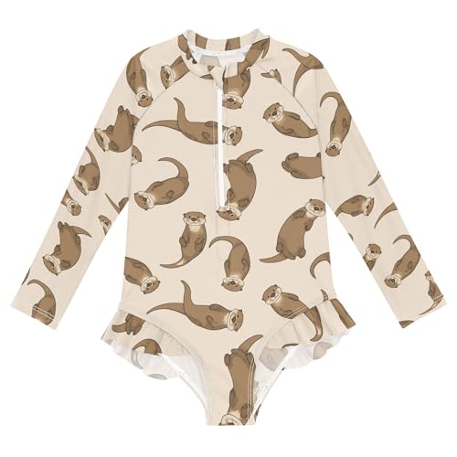Cute Otter Girls Long Sleeve Rashguard Swimsuit UV Protection One-Piece Swimwear Bathing Suit B0404639