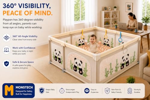Image of MONSTECH Large Baby Playpen 150x180cm Pit Balls Playpen for Baby up to 5 Years with Anti-Fall Rings, Safety Lock, Breathable Mesh, Kids Activity Center Play Pen (Yellow-Panda)