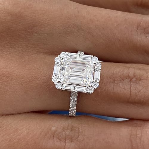 14K White/Yellow Gold Moissanite 3.15 TCW (2.5ct Center, VVS1 Clarity, D-E Color Emerald Shape) Engagement Ring With Baguette & Round Shaped Side Stones Promise Rings Gift For Her Rings For Women4