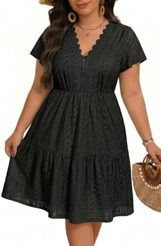 Plus Size Summer Dress - Casual Boho Sundress Eyelet Lace V Neck ...