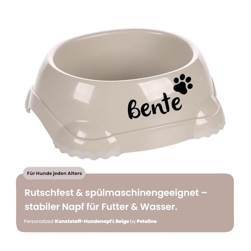 Personalisierter Leno Kunststoffnapf 1200 ml (L) Beige – mit Rutschfester Silikonunterseite – Futter- und Wassernapf – für mittelgroße und große Hunde – personalisiert mit Namen – Petslino