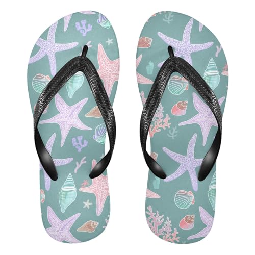 Seashell Starfish Teal Flip Flops for Beach Thong Sandals Anti-slip Lightweight Shower Shoes for Travel Summer Outdoor