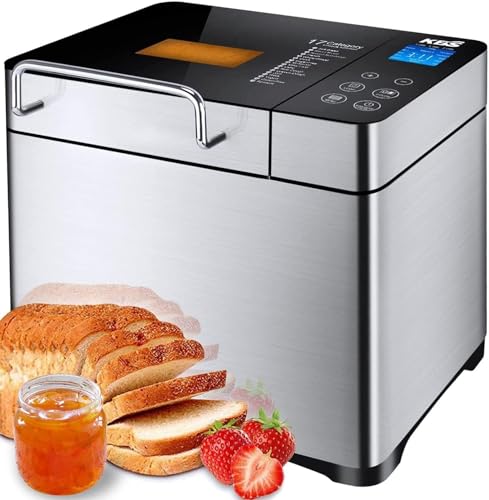 KBS Large 17-in-1 Bread Machine, 2LB All Stainless Steel Bread Maker with Auto Fruit Nut Dispenser, Nonstick Ceramic Pan, Full Touch Panel Tempered Glass, Reserve& Keep Warm Set, Oven Mitt and Recipes