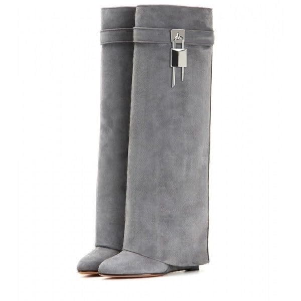 keleimusi Womens Knee High Suede Fold Over Boots for Women Pointy Pull-on Covered Wedge Heel PadLock Knee Shark