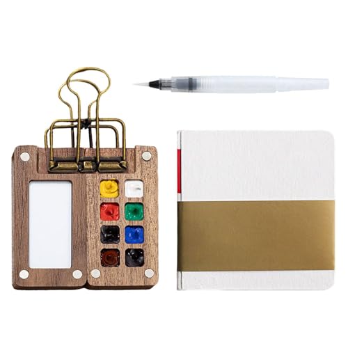 EHDWXVZM 1 Juego De Herramientas De Pintura Portátiles, Mini Paleta De Pintura De Acuarela, Paleta De Viaje De Madera con 8 Compartimentos, Cuaderno De Bocetos, Juego De Pintura De Viaje