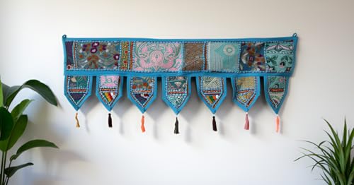 Indian Handmade Traditional Embroidered Toran Cotton Thoranam Door Living Room Decor Bandanwar Home Valance Decorations Window Hanging Bohemian Wall Ethnic Decorative Vintage (Sky Blue 1 Meter)