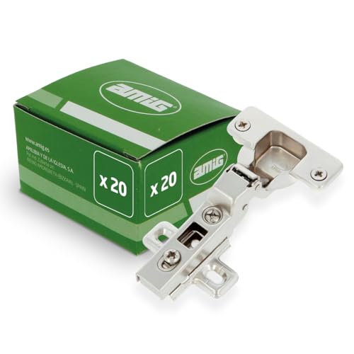 Amig - Pack de 20 Bisagras de Cazoleta Acodada - Ø35 mm - Acero Niquelado - Pestillo de Apertura Rápida - Instalación Oculta para Muebles - Tacos y Tirafondos Premontados
