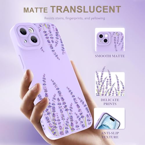 Image of Designed for iPhone 15 Case, Cute Lavender Flower Floral Pattern Design, Slim Soft TPU Liquid Silicone Protective Cover for Women Girls - Purple