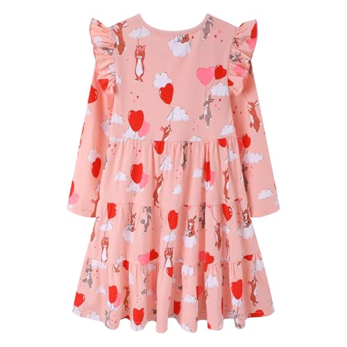 Image of Girl Long Sleeve Dress Ruffle Rainbow Color Block Cotton Casual Tiered Pleated Twirly Dress