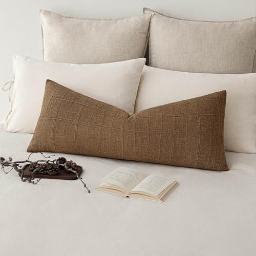 Image of Foindtower Set of 1 Decorative Linen Check Throw Pillow Cover Neutral Long Body Lumbar Cushion Cover Farmhouse Vintage Boho Home Decor for Sofa Chair Couch Bedroom Living Room,14x36 Inch,Brown Hazel