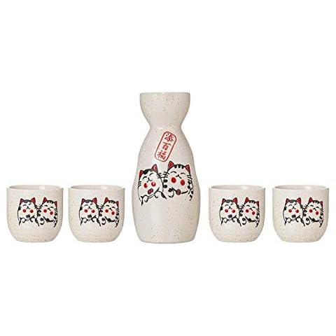 TJ Global 5-Piece Sake Set, Durable Ceramic Japanese Sake Set with 1 Carafe/Decanter/Tokkuri Bottle and 4 Ochoko cups for Hot or Cold Sake at Home or Restaurant - Cute Cat Design Cover