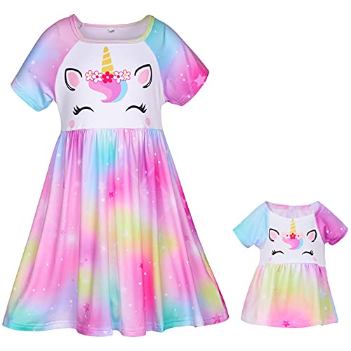 Play Tailor Doll and Girl Matching Nightgown Unicorn Outfit Pajamas Night Dress for Girls and 18" Dolls Clothes2