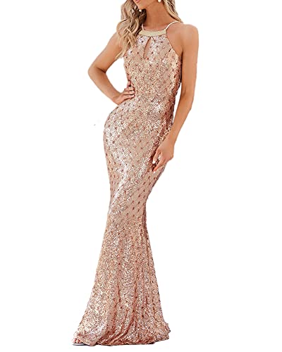 Amazon.com: HECSISEO Women's Sleeveless Halter Neck Sparkly Sequin Dress  Evening Party Maxi Dress Formal Prom Gowns Champagne : Clothing, Shoes &  Jewelry