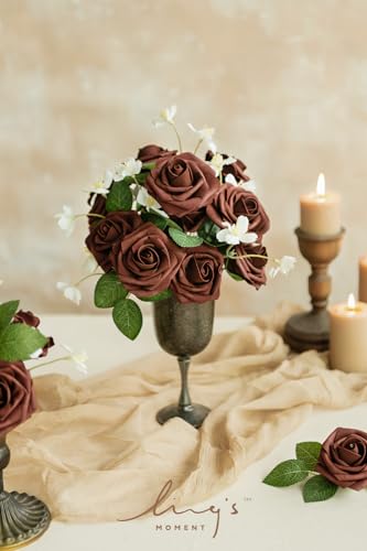 Ling's moment Artificial Flowers 25Pcs Walnut Brown Roses Decor w/Stems,3" Real Touch DIY Foam Floral for Wedding Bouquet/Centerpieces, Outdoors Party Backdrop, Room/Table, and Garden/Pot Decorations - Thumbnail 2