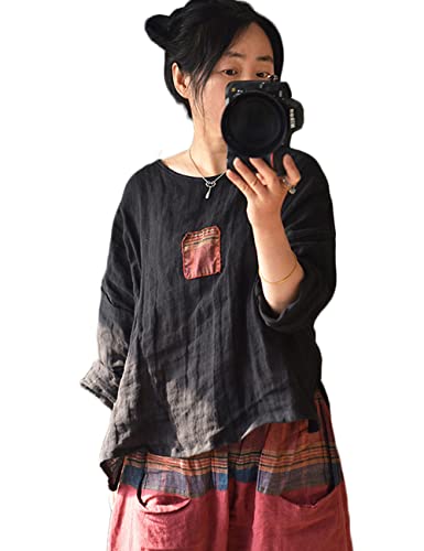 NFYM Womens Plant Dyed Linen Unique Patch Design 3/4 Sleeve Blouse Summer Tops