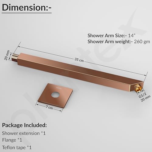 Image of Plantex 14-Inch Shower Arm for Overhead Shower /Stainless Steel Shower Pipe /Wall Mount Bathroom Fitting with -Inch Thread - Pack of 1 (PVD Rose Gold)