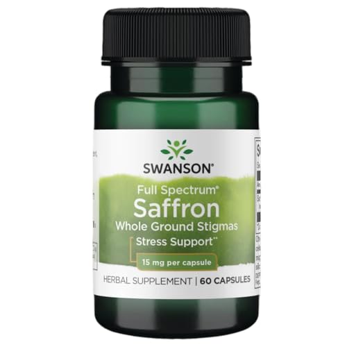Swanson Full Spectrum Organic Spanish Saffron Mood and Stress Support Supplement for Adults Seeking Natural Relaxation - Whole Ground Stigmas (60 Vegan Capsules, 15 mg)