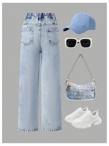 WDIRARA Girl's Bowknot Print Washed Jean Elastic Waist Denim Pants Straight Leg Trousers with Pockets2