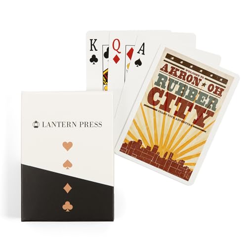 Lantern Press Akron Ohio Skyline y Sunburst Baraja Poker