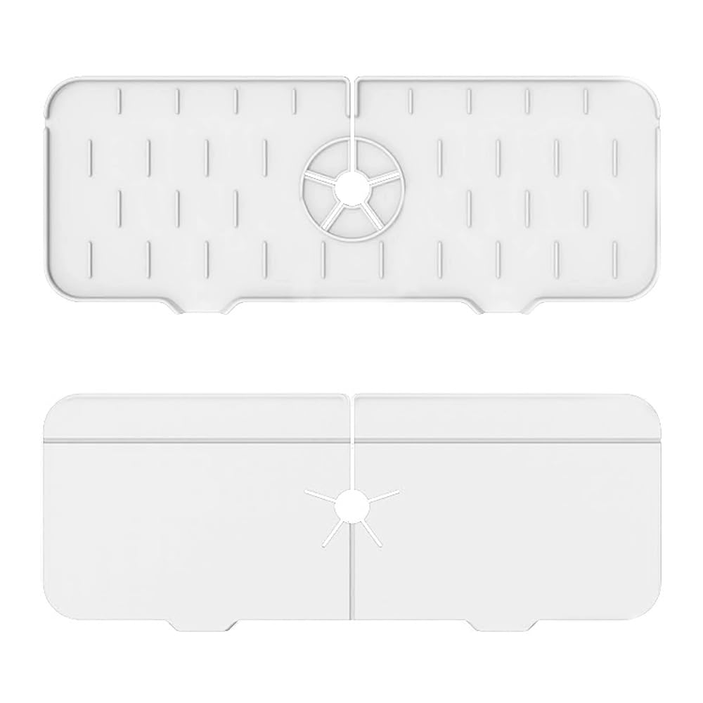 2Pcs Faucet Sink Splash Guard, Silicone Faucet Handle Drip Catcher Tray Drying Mat, Kitchen Guard Silicone Faucet Mat, Sink Mat for Kitchen Bathroom, White