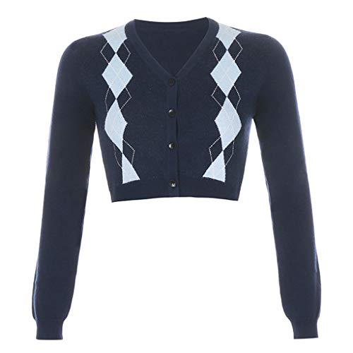 Womens Sweaters,Women for Sweater Coat Contrast Color Argyle Print Knit Cardigan V-Neck Button Down Long Sleeve Crop