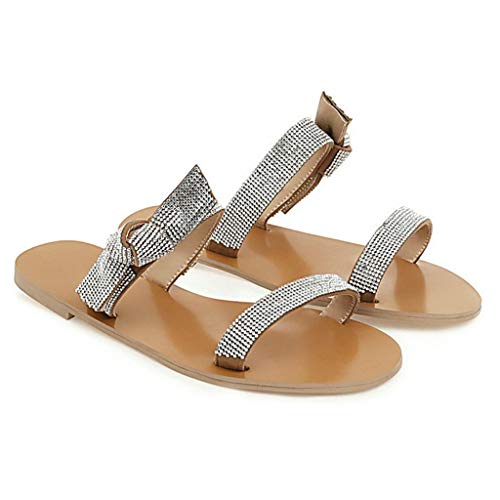 MIOKE Women's Casual Platform Slip On Slide Sandals Open Toe Rhinestone Summer Chunky Wedge Mid Heel Sandal