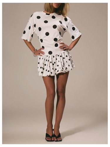 WDIRARA Women's Polka Dots Bubble Skirt Elastic Waist Ruffle Hem A Line Mini Skirts4