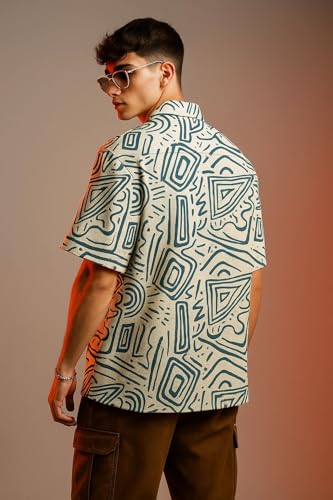 Image of Veirdo Poly Cotton Oversized Loose Baggy Fit Drop Shoulder Cool and Stylish Abstract Print Men Camp Collar Shirt