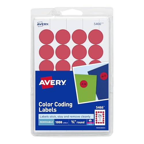 Avery Print/Write Self-Adhesive Removable Labels, 0.75 Inch Diameter, Red, 1008 per Pack (5466)