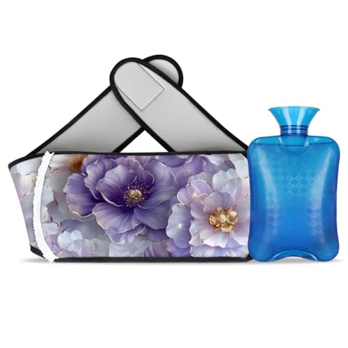 Hot Water Bag with Waist Cover Gold Flower Purple Warm Hot Water Bottle Belt Plush Double Hand Insert Wearable Water Bag Detachable Hot Bottle Pouch for Neck Shoulder Pain Relief