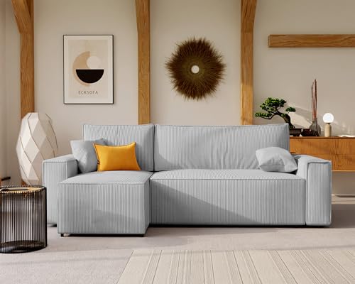 GREKPOL 244x145 Sofa mit Schlaffunktion (200x125) - Cord Sofa 3 Sitzer - Hellgrau Ecksofa mit Schlaffunktion und Bettkasten - Schlafsofa mit Bettkasten - Couch – Bild 4