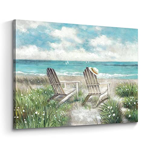 Beach Canvas Wall Art Picture: Ocean Sea Painting Decor Coastal Chair Seaside Grass Artwork Wave Seascape Scene Print For Bathroom Bedroom #TOP9