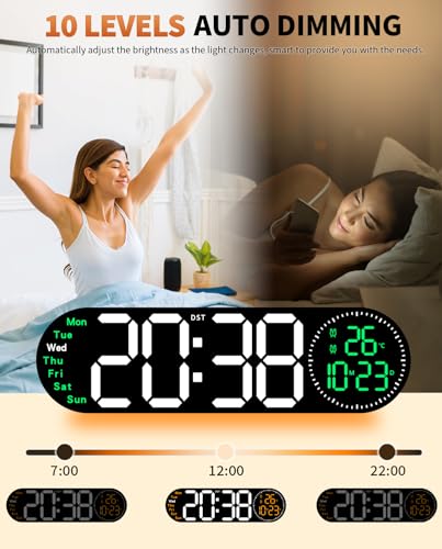 Image of 17.2 Inch Large Digital Wall Clock with 9 Color Changing Remote Control, Date Week Temperature, Auto Brightness Dimmer Big Clock Night Lights,Green