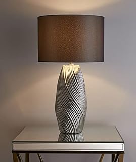 K LIVING Tall Ceramic Silver Table lamp with a Round Dark Grey lamp Shade Swirl Pattern
