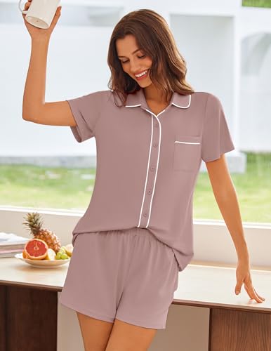 Image of Ekouaer Womens Pajama Sets Button Down Lounge Set 2 Piece Loungewear Soft Sleepwear Short Sleeve Pjs with Pockets
