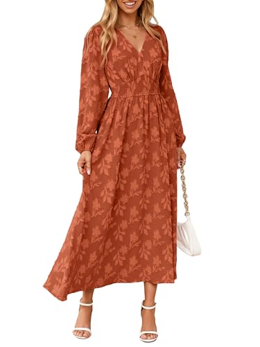 Simplee Womens Boho Floral Long Sleeve Maxi Dress V Neck Empire Waist Fall Wedding Guest Dresses with Pockets Orange L