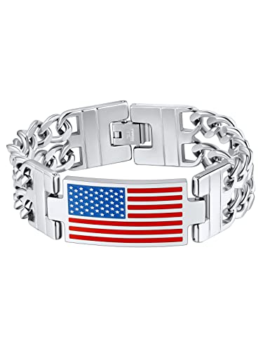 U7 4Th Of July Jewelry Patriotic Bracelet Stainless Steel 8Mm Double Layer Cuban Link Chain With American Flag Bar Bracelet, 7.5"(19Cm) #TOP23