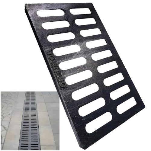 Image of Cast Iron Drain Grate, Driveway Channel Cover 20x12 in A-Class | Heavy-Duty Outdoor Trench Drainage, Black Rectangle Metal Sewer Cover for Garage, Yard, True 19.7x11.8