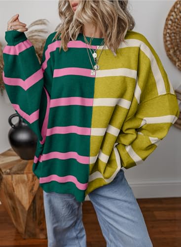 Image of EVALESS Womens Striped Sweaters Long Sleeve Cable Knitted Color Block Casual Loose Lightweight Oversized Sweaters Pullover