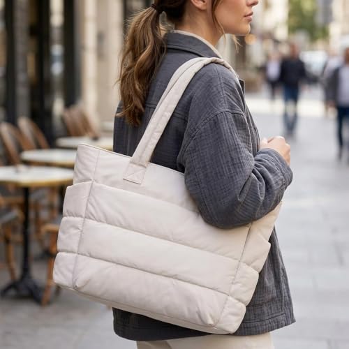 Image of Quilted Puffy Tote Bag for Women | Large Capacity | Soft Nylon Padded Design | Lightweight & Spacious | Ideal for Work, Travel, Shopping (Biege)