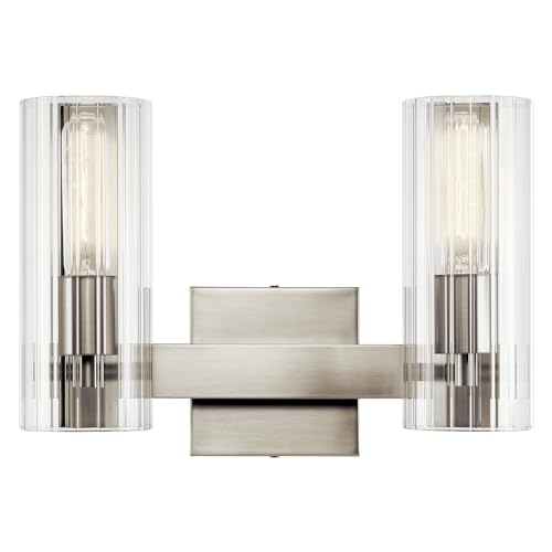Image of Kichler Jemsa 2-Light Bathroom Vanity Light Fixture with Clear Fluted Glass in Brushed Nickel for Modern Bathroom or Powder Room Over Mirror (9.75 inch x 13.75 inch), 55167NI