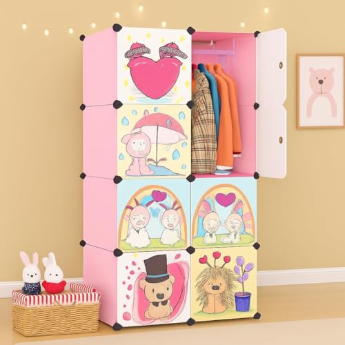Image of Sunderlook Plastic Wardrobe for Kids Clothes - Professional Collapsible Wardrobe, Easy to Use Foldable Almirah, Plastic Cupboard for Kids for Home (Pink-HH, 8 Door)