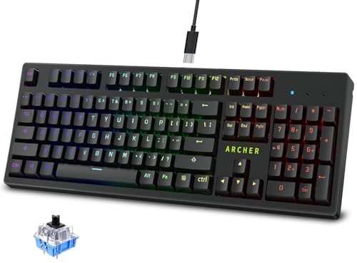 Image of Archer Tech Lab Mechanical Gaming Keyboard, Clicky JERRZI Blue Switches, Full Anti-Ghosting Keys, 21 RGB Modes LED Backlit & Music Visualizer, Braided USB-C Cable, PC /Mac /Linux - Software Customizable