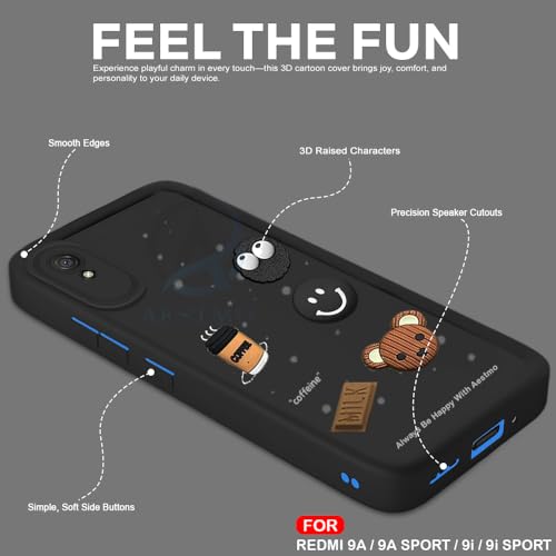 Image of AESTMO Back Case Cover for Redmi 9A | Cute Fun Cartoon 3D Ball | Coffee Silicone Case | Full Body Protection | Camera Protection Back Cover for Redmi 9A (Black)