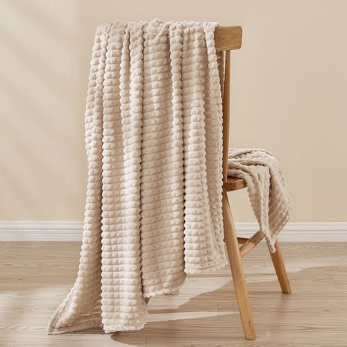 Image of EMME Fleece Blanket, 3D Jacquard Throw Blanket for Couch and Bed, Soft Cozy and Fluffy Blankets Lightweight Luxury Flannel with Geometric Grid Design (Beige, 108 inch x 90 inch)